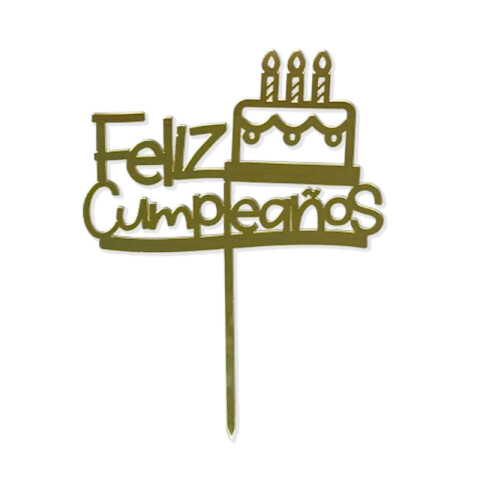 Topper Laser Feliz Cumple Torta Dorado Topper Laser Feliz Cumple Torta Dorado