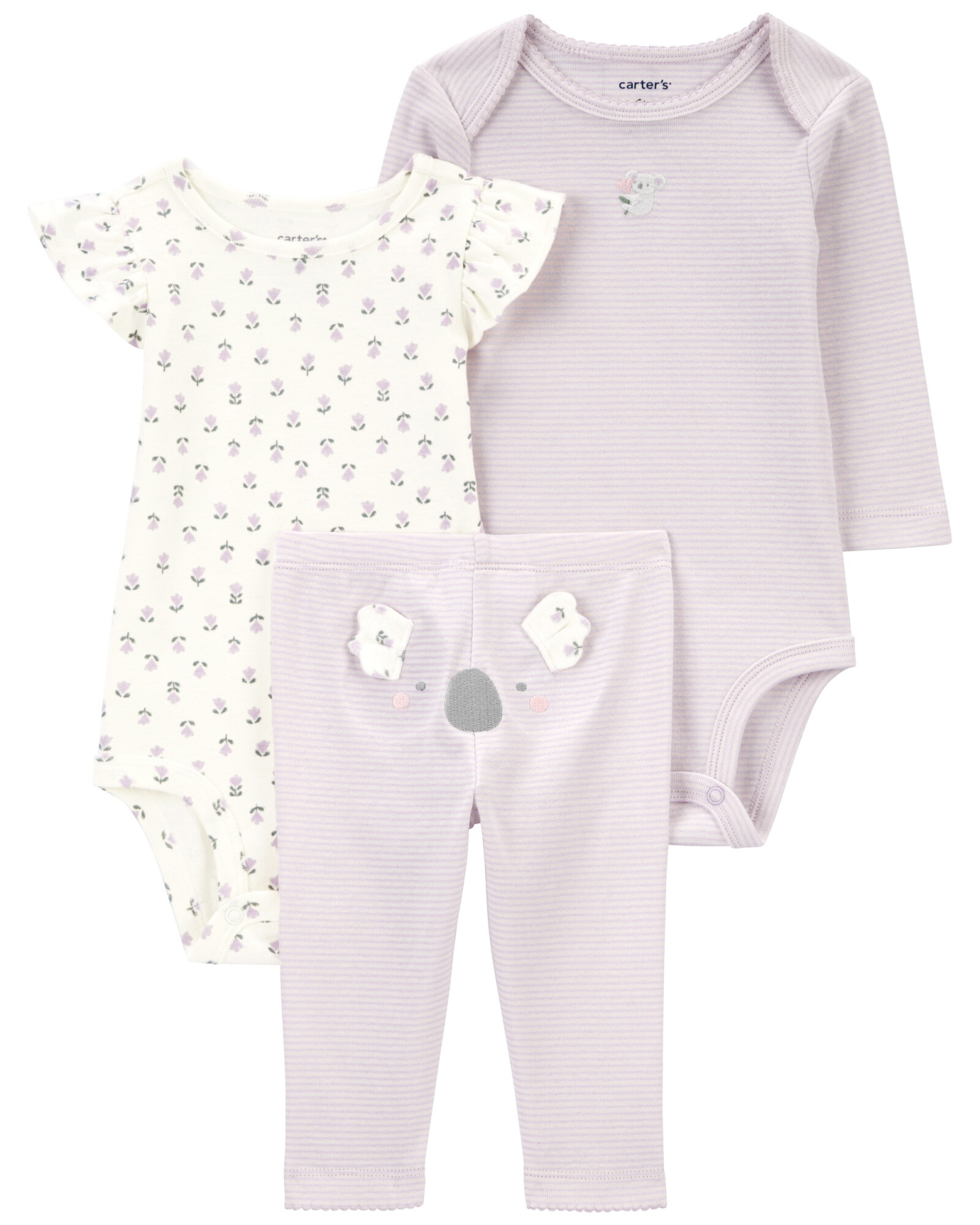 Set tres piezas de algodón, pantalón y dos bodies, diseño koala Set tres piezas de algodón, pantalón y dos bodies, diseño koala