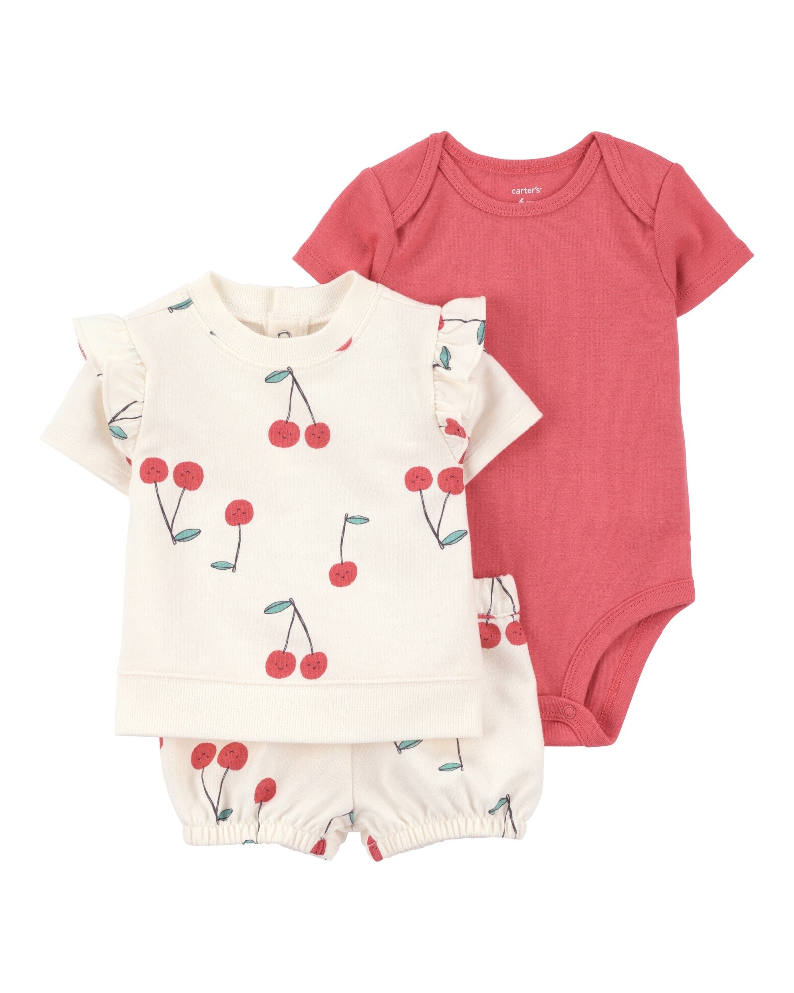 Set tres piezas de algodón, short, blusa y body, diseño cerezas Sin color