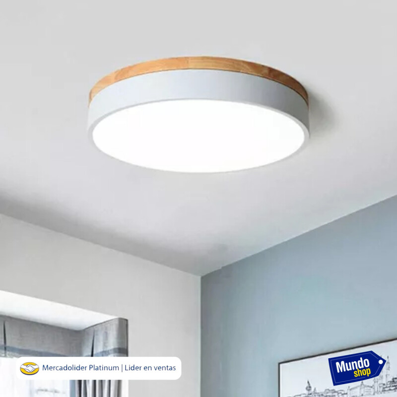 Luminaria Plafon Led Diám 30cm 18w Metal Y Madera Circular Blanco