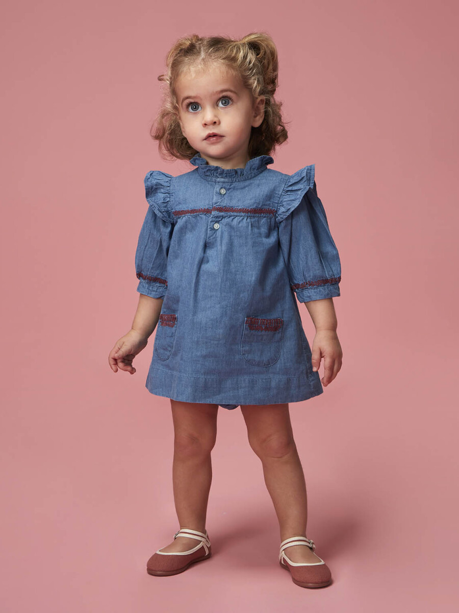 Vestido Vaquero Con Bordados Azul Claro