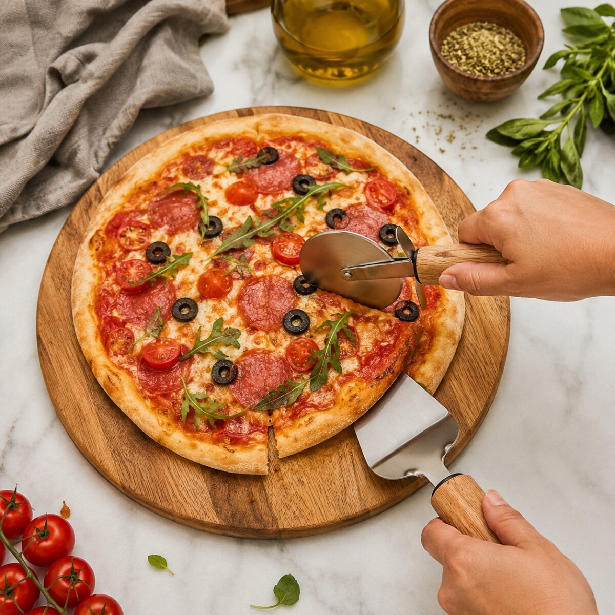 Set 2 Piezas Cortador y Espátula para Pizza Acero Inox Mango Madera 