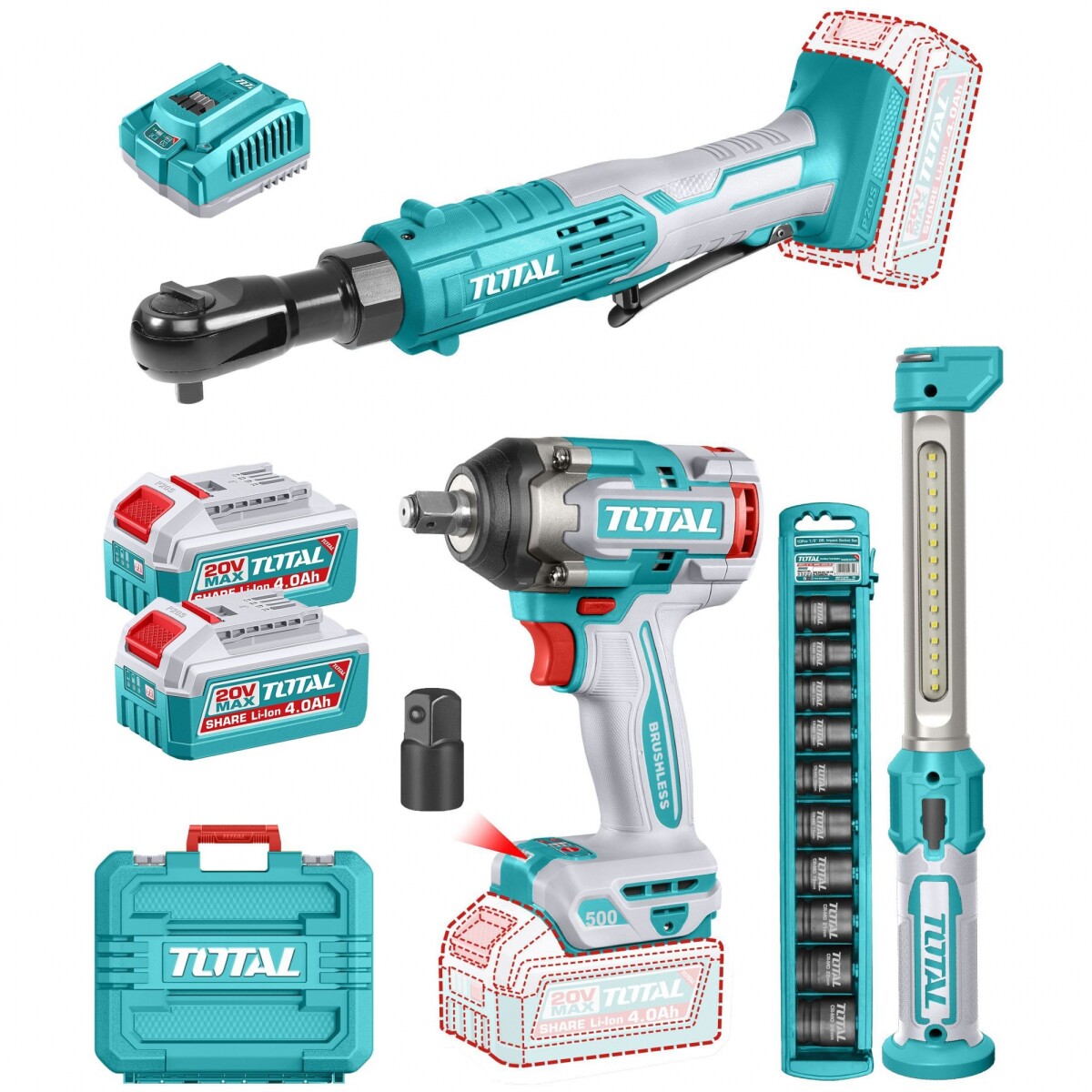 Kit Inalámbrico: Llave Impacto 20v 1/2'' + Llave Crique 20v 3/8'' + Linterna, 2 Baterías 4.0Ah 