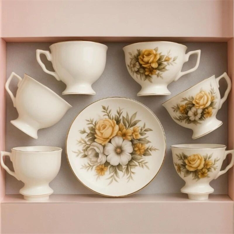 Juego de Té de Cerámica Floral 6 Tazas con Plato + Caja de Regalo Marfil