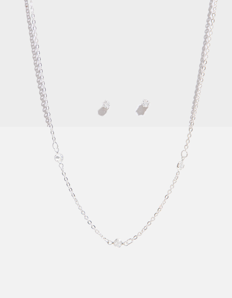 Bijouterie Set Strass Set De Collar Y Aros Pasantes - Plateado Rodio