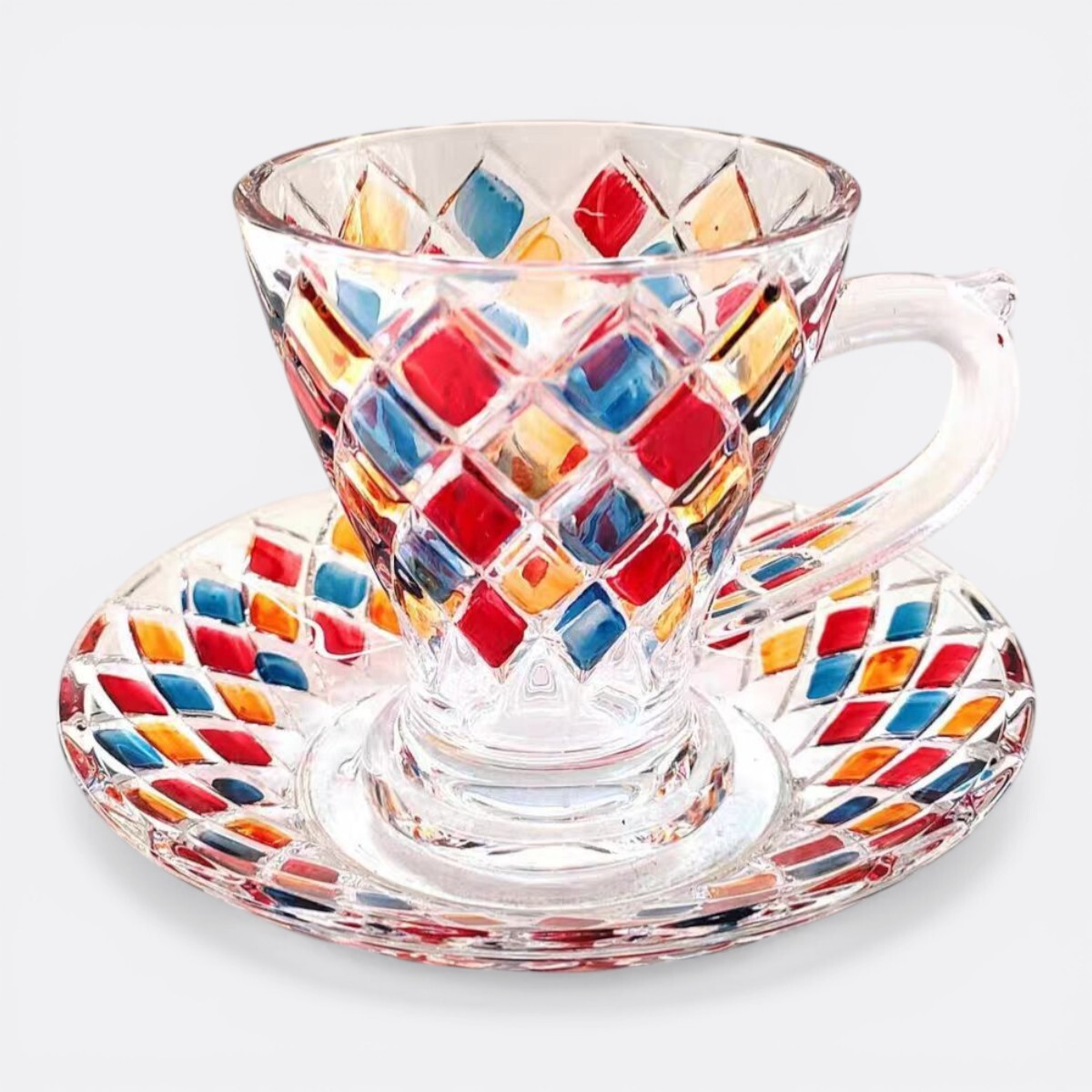 Set Taza Y Plato Tipo Vitral Colorido - Modelo 