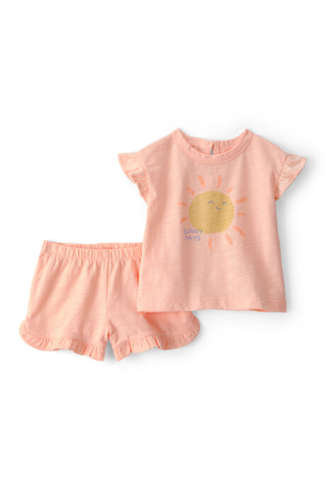 Set dos piezas de algodón, short y remera, anaranjado, estampa sol Sin color