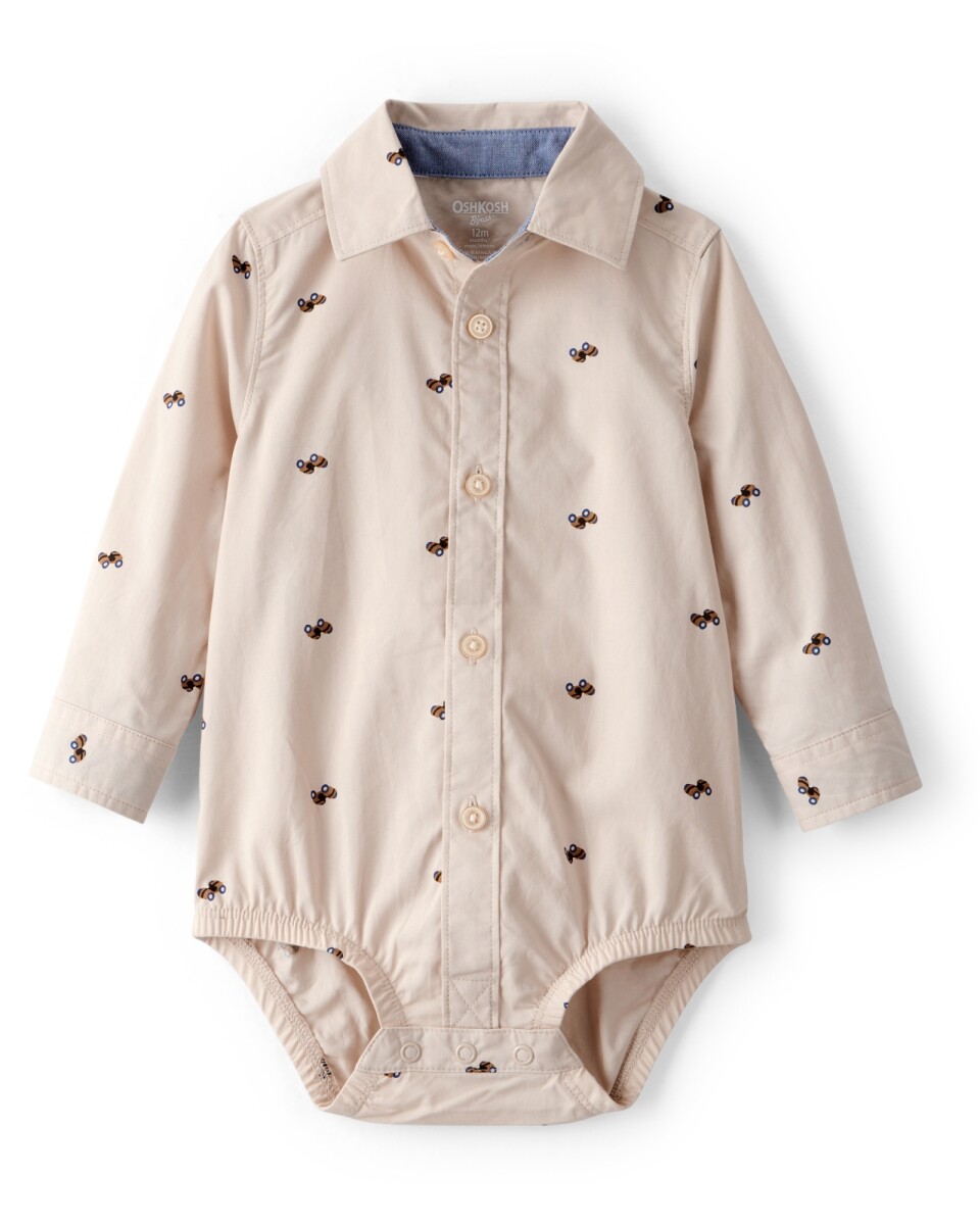 Body de algodón, tipo camisa, diseño autos, khaki 