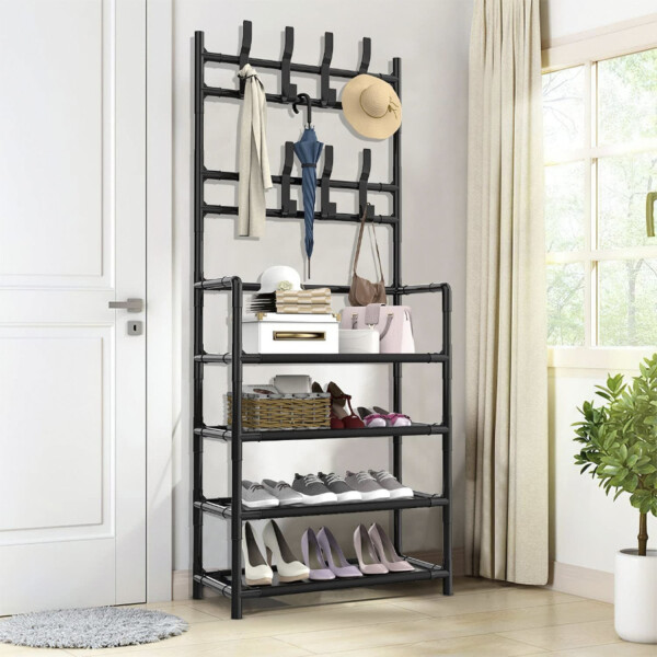 Zapatero Organizador Estante De 4 Niveles Con Perchero Variante Color Negro