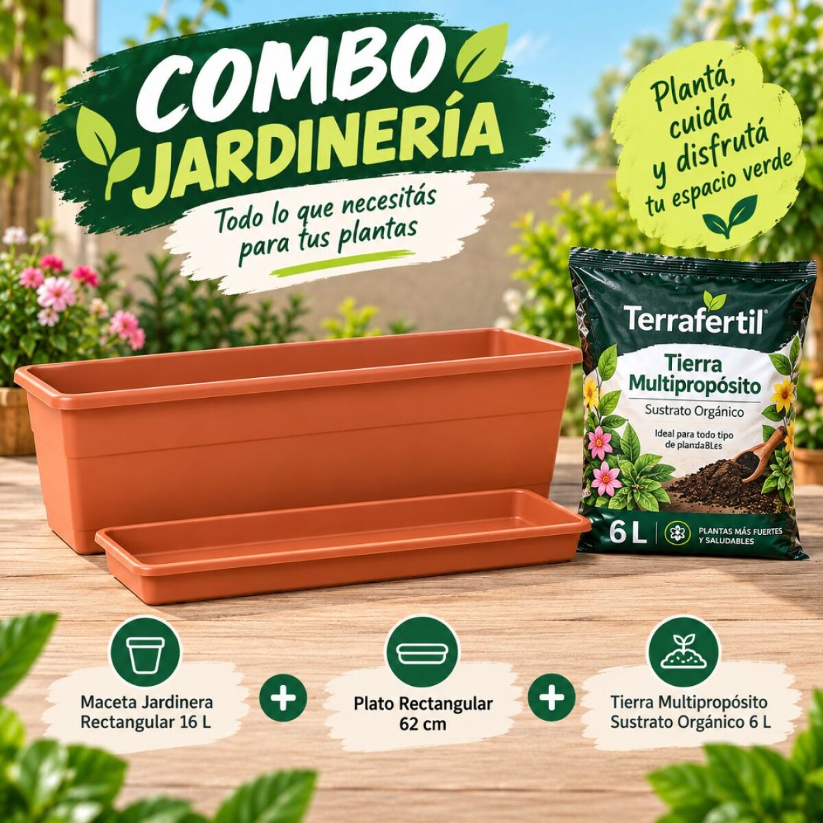 Combo Maceta Jardinera 65cm + Plato + Tierra Multiproposito 