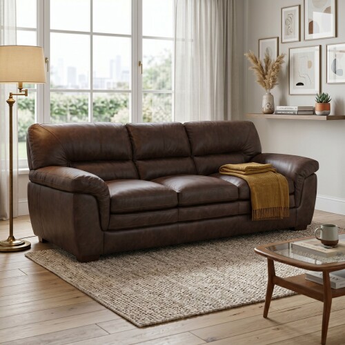 Sillon Livintus 3 Cuerpos Cuero Natural Cafe