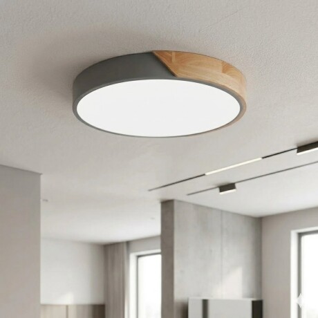 Plafón led circular de madera y aluminio gris mate Luz Neutra