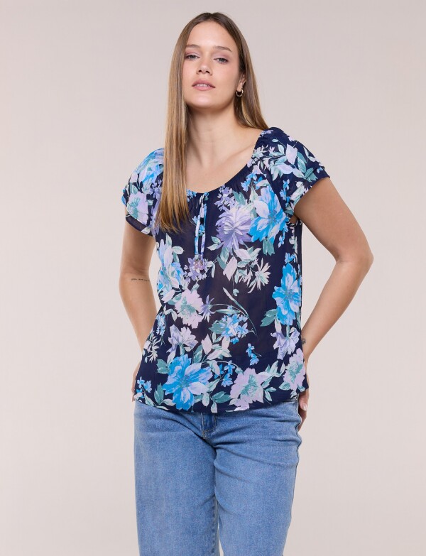 Blusa Floral Con Escote Elastizado Y Lazo MULTI/AZUL