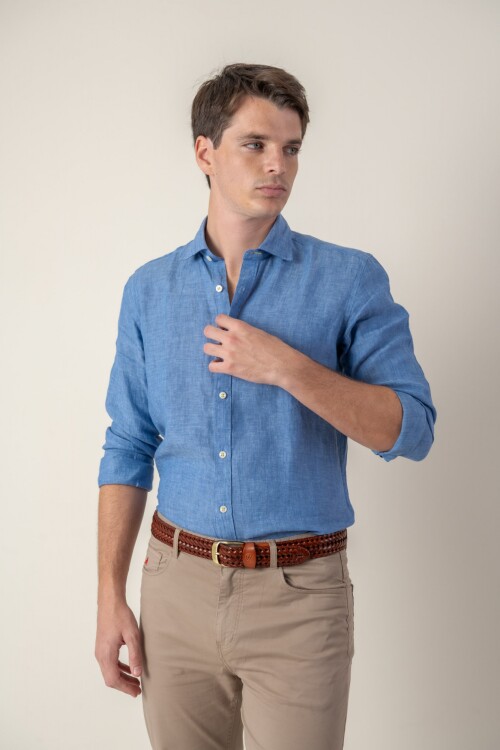 Camisa short collar lino Blue