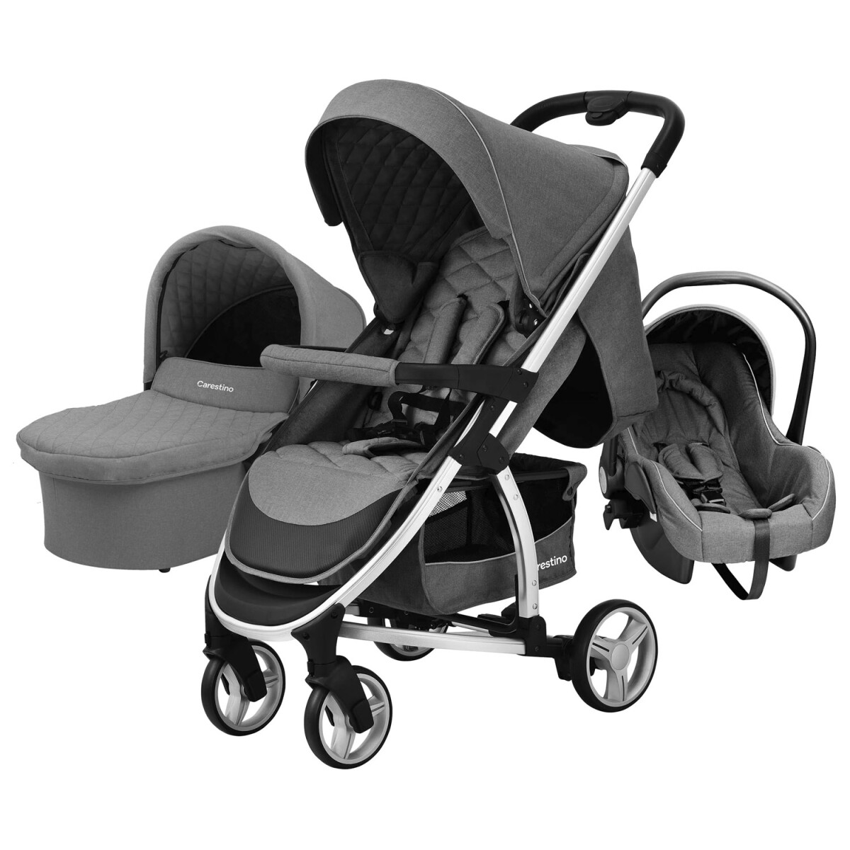 Kit Cochecito Carestino London 3 en 1 + Moisés + Butaca + Accesorios - Gris 