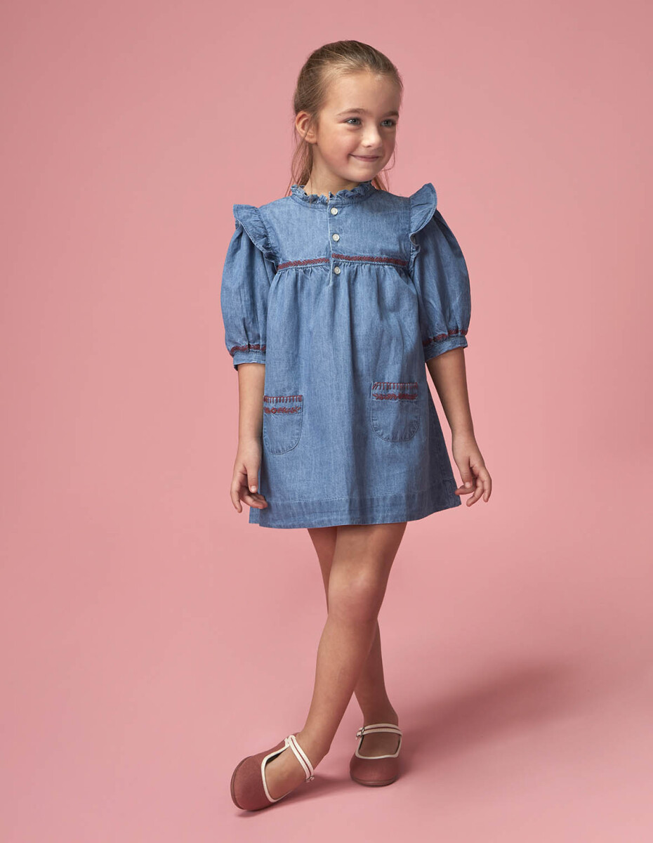 Vestido Vaquero Con Bordados - Azul Claro 