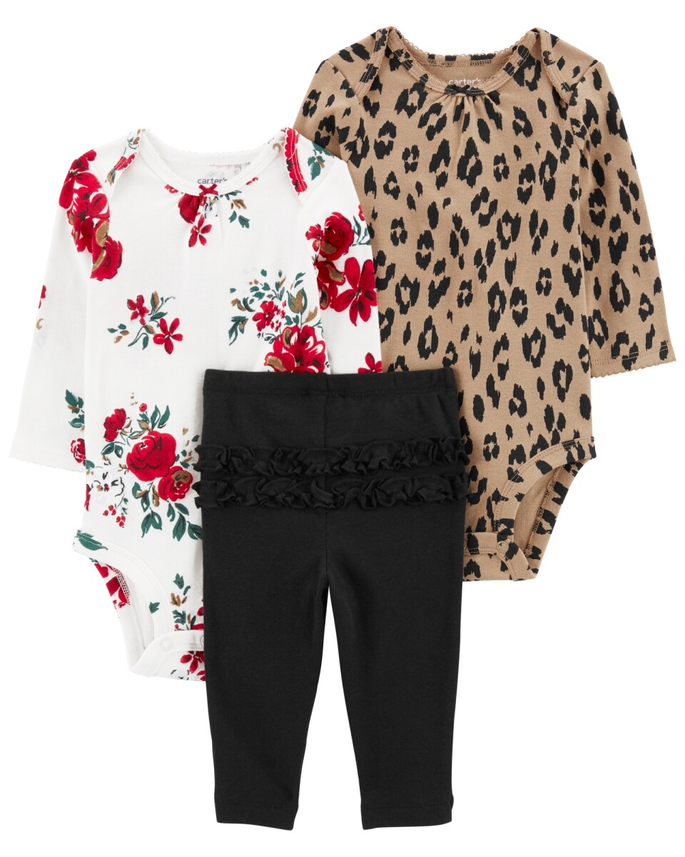 Set tres piezas de algodón, pantalón y bodies estampados 