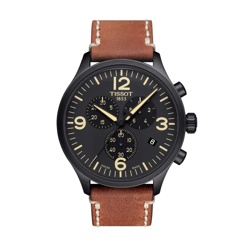 Reloj Tissot Chrono T1166173605700 para hombre con correa de cuero marrón y esfera negra Reloj Tissot Chrono T1166173605700 Para Hombre Con Correa De Cuero Marrón Y Esfera Negra