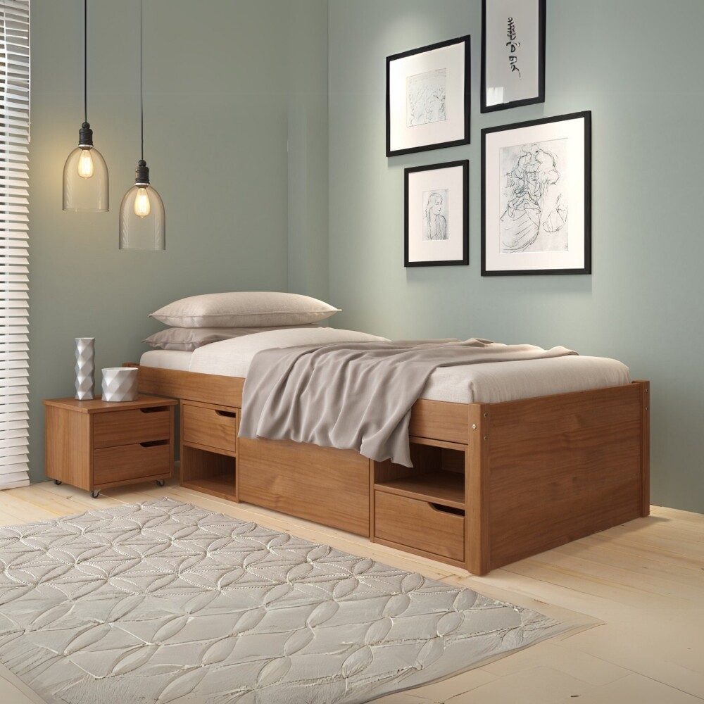 Cama Madera Maciza Con Cajones - 1 plaza - Linea charme Amendoa