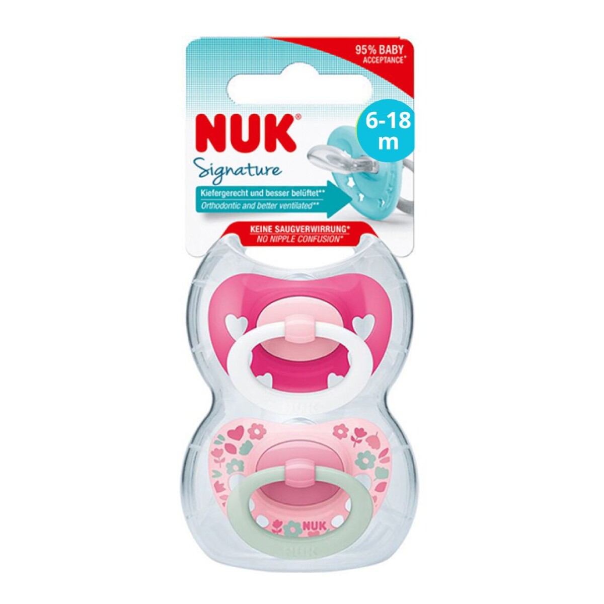 Chupetes Nuk x2 + Porta Chupete Línea Signature - Rosa 6-18m 