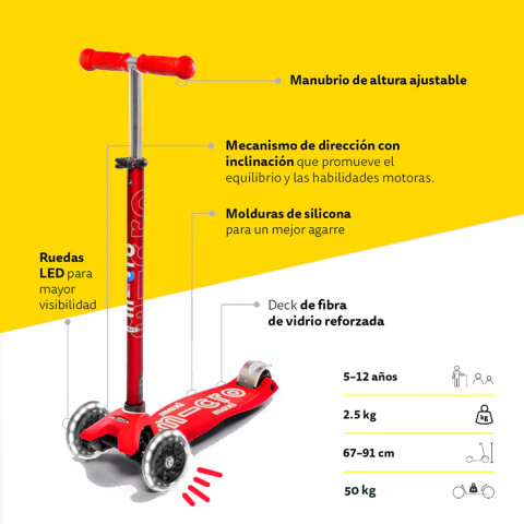 Monopatín Micro Maxi Deluxe LED Ajustable con 3 Ruedas ROJO