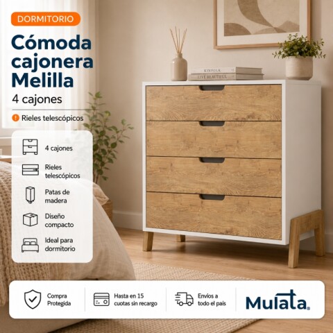 Cómoda Cajonera 4 Cajones Rieles telescópicos Combinada con Patas Madera - MDP - Linea Melilla Cómoda Cajonera 4 Cajones Rieles telescópicos Combinada con Patas Madera - MDP - Linea Melilla