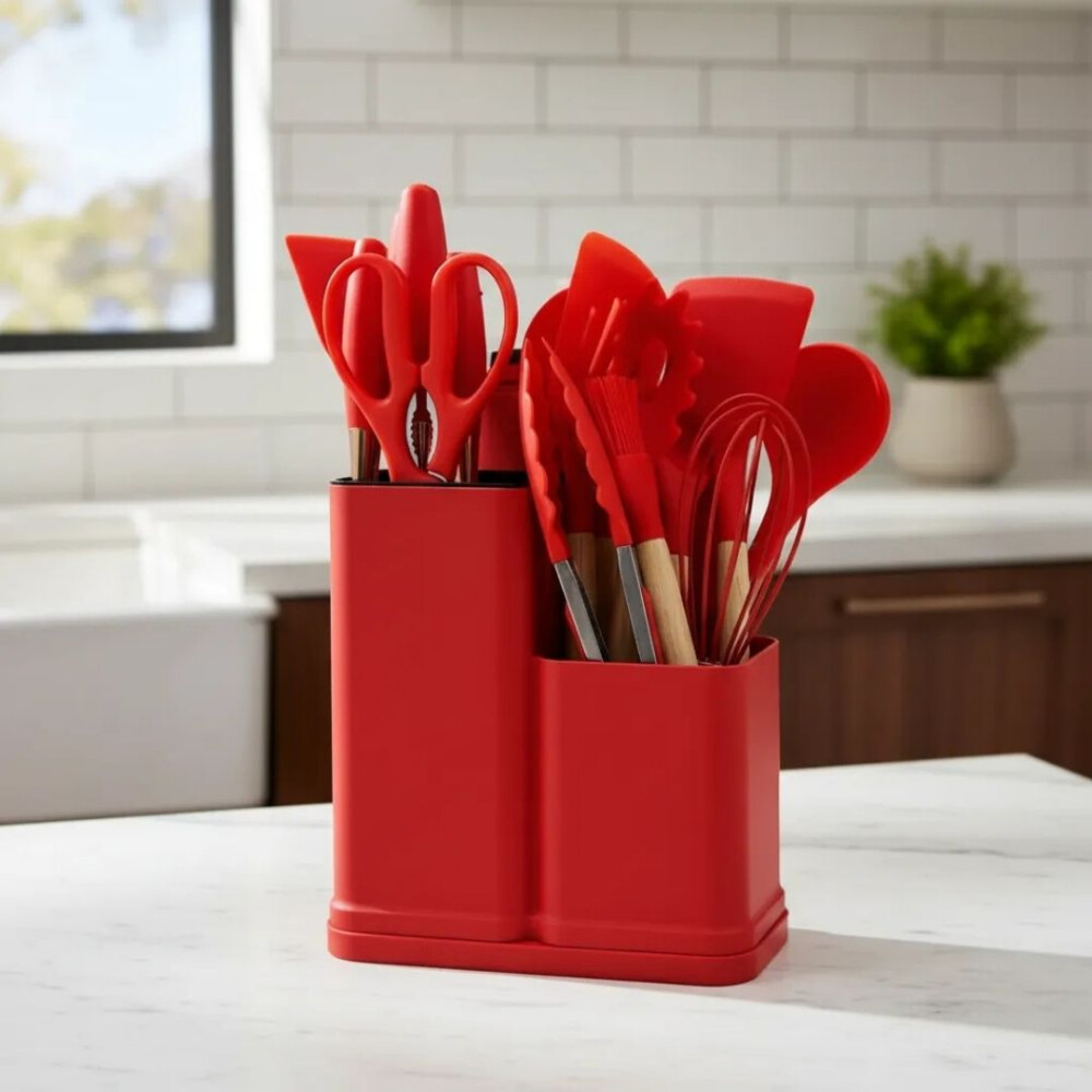 Kit De Menage 19 Utensillos De Cocina+organizador ROJO