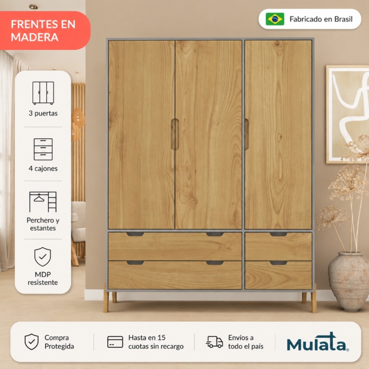 Ropero Armario de 3 Puertas, Perchero y 4 Cajones en MDP - Madera - Línea Melilla - Cinza 