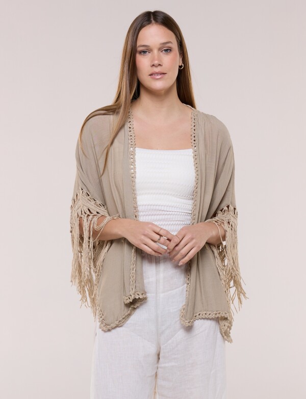 Cardigan Con Flecos Y Espalda Crochet TOSTADO