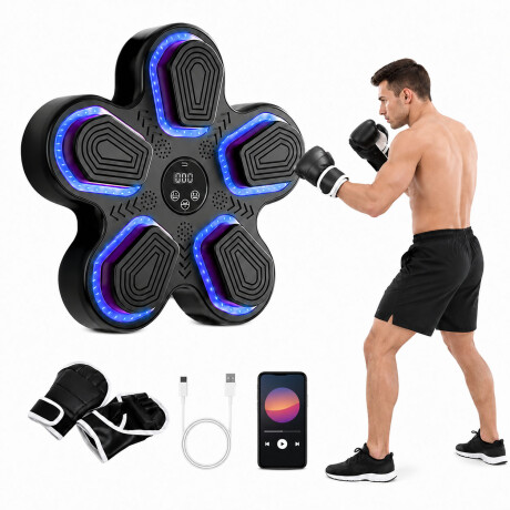 Máquina Boxeo Fitness Musical Pared BT LED Fitness + Guantes Negro