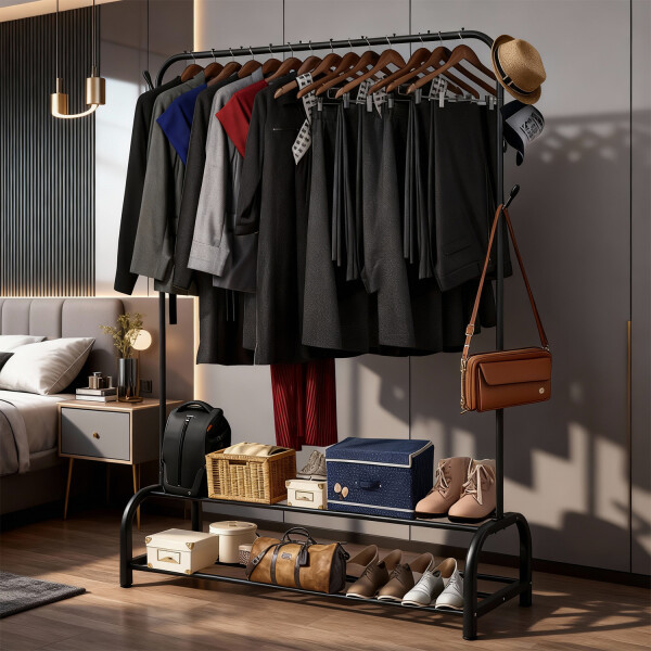 Perchero Para Ropa Con Doble Estante y ganchos de Metal Organizador zapatero Imback Color Negro Perchero Para Ropa Con Doble Estante y ganchos de Metal Organizador zapatero Imback Color Negro