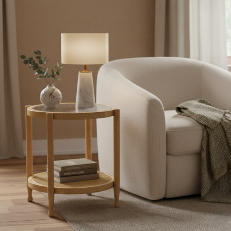 MESA LATERAL MADERA BEIGE CL/RATAN 2 NIV 50X60CM Unica