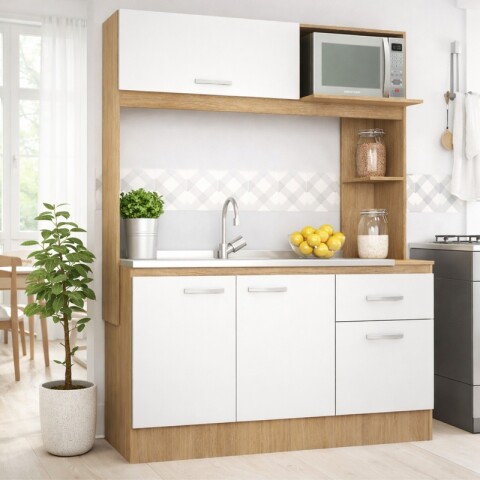 Kit de cocina compacta 4 puertas 1 cajón Patas Ajustables 141 x 50 x 185 cm - Carvale / Blanco Kit de cocina compacta 4 puertas 1 cajón Patas Ajustables 141 x 50 x 185 cm - Carvale / Blanco