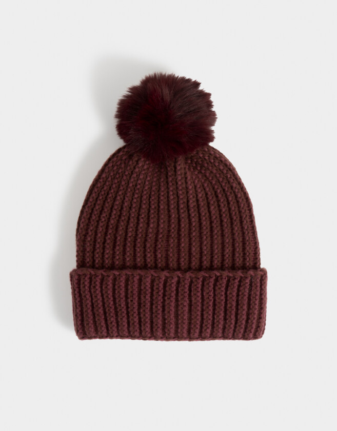 Gorro Romántico Gorro Tejido Con Pompón - Rojo Burdeaux