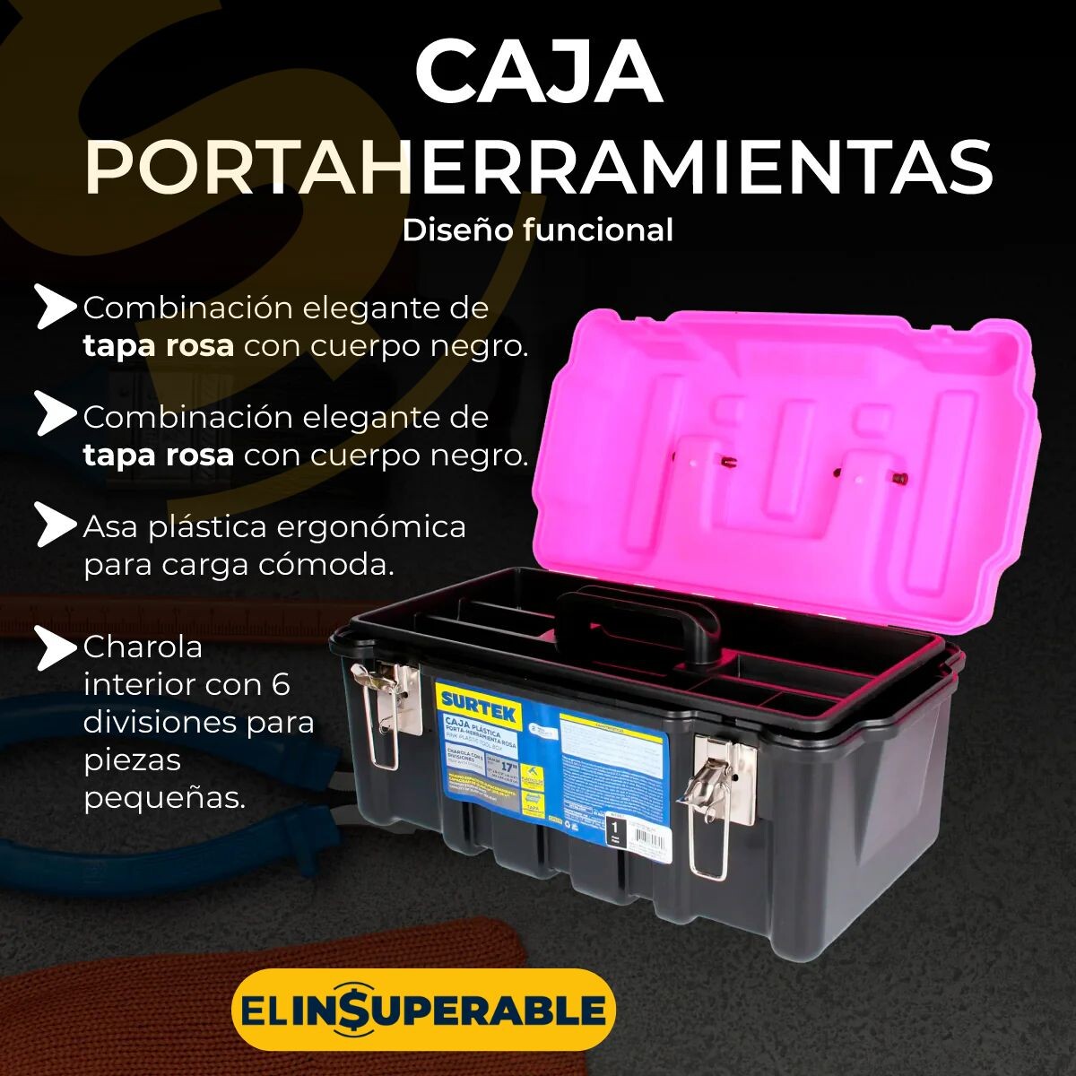CAJA HERRAMIENTA MET 17X9" SURTEK ROSADA Caja Herramienta Met 17x9" Surtek Rosada
