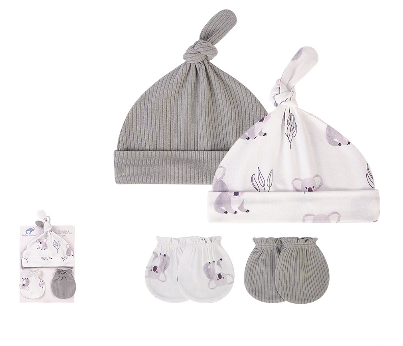 Set 2 gorritos + 2 pares de mitones hudson grey 