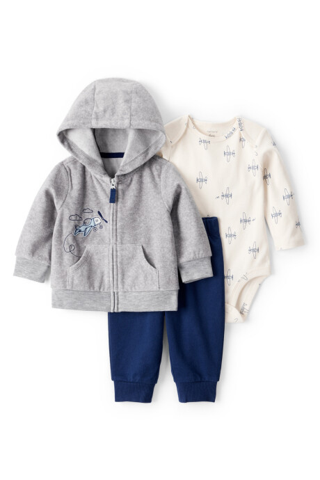 Set tres piezas, campera de micropolar, pantalón y body, diseño avionetas Sin color