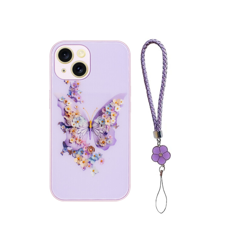 Protector rígido iPhone 15 Plus diseño mariposa púrpura con correa Protector Rígido Iphone 15 Plus Diseño Mariposa Púrpura Con Correa