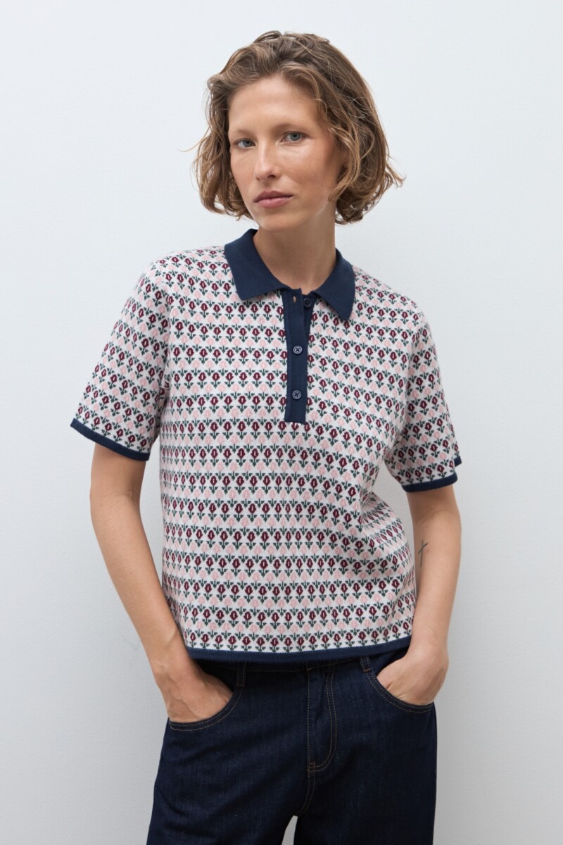 Sweater jacquard cuello polo crudo