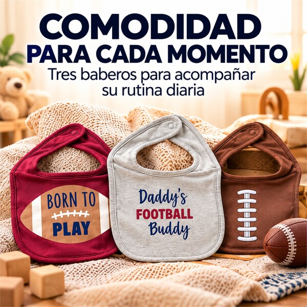 Set Baberos Para Bebé X3 Algodón Frases Surtidas Velcro Bordó 1