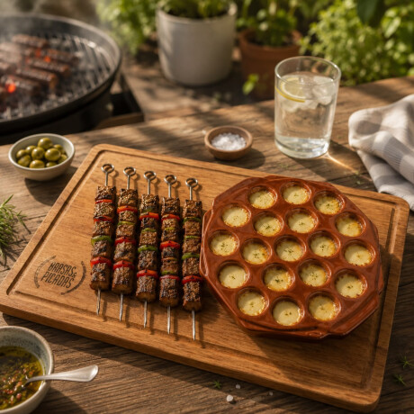 Combo Picada Provolonera de Cerámica 6 Pinchos para Brochetas y Tabla en Cedro Combo Picada Provolonera de Cerámica 6 Pinchos para Brochetas y Tabla en Cedro