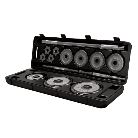 Valija De Mancuernas Y Barra 30Kg Cromadas Athletic Plateado