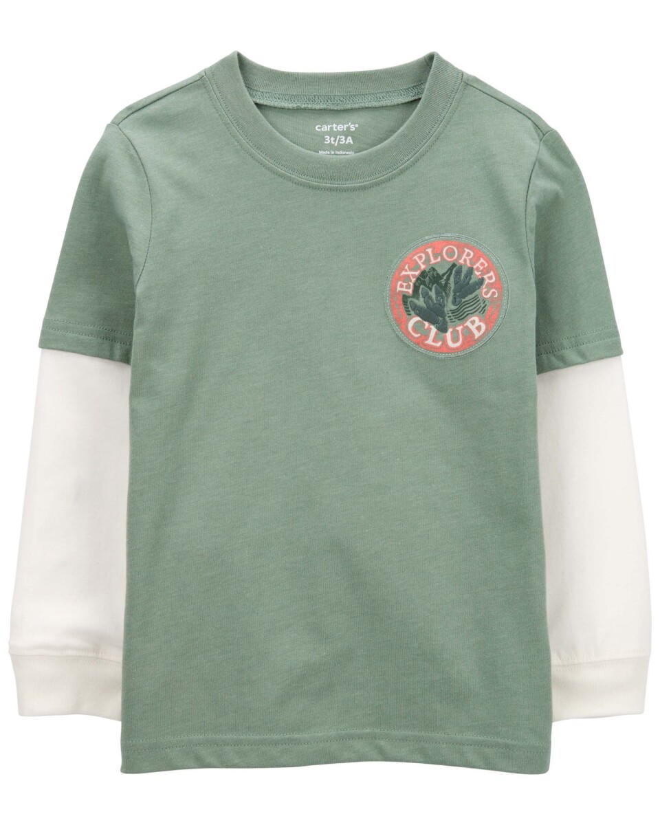 Remera de algodón, mangas largas en capas, diseño dinos 