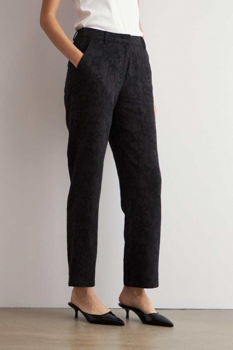 Pantalon recto jacquard floral negro