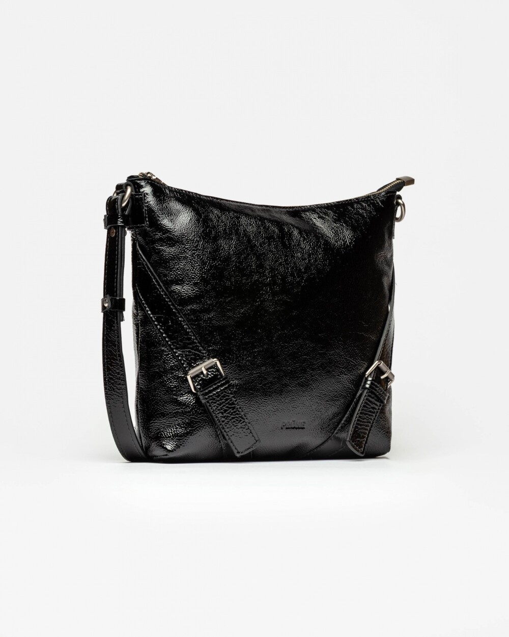 Bandolera Pocket en cuero charol arrugado Negro