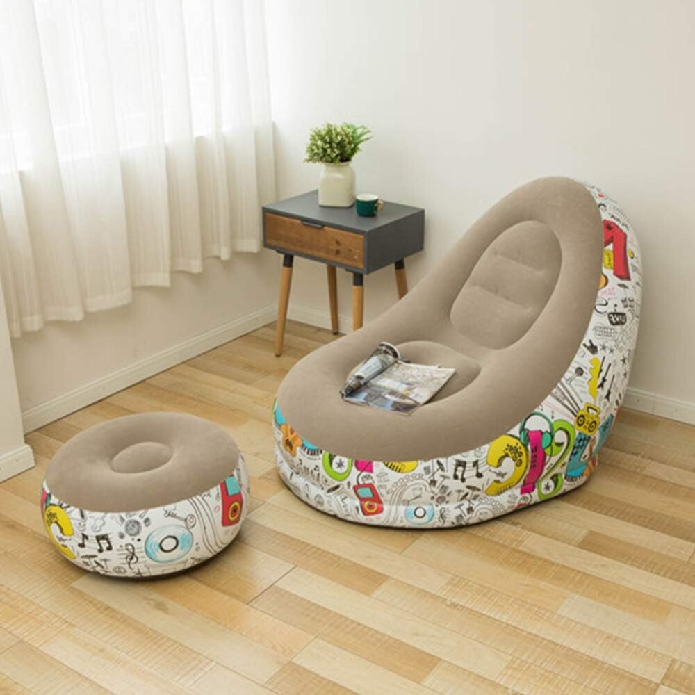 Sillón Inflable Con Puff Sofá Con Apoyapies Gris