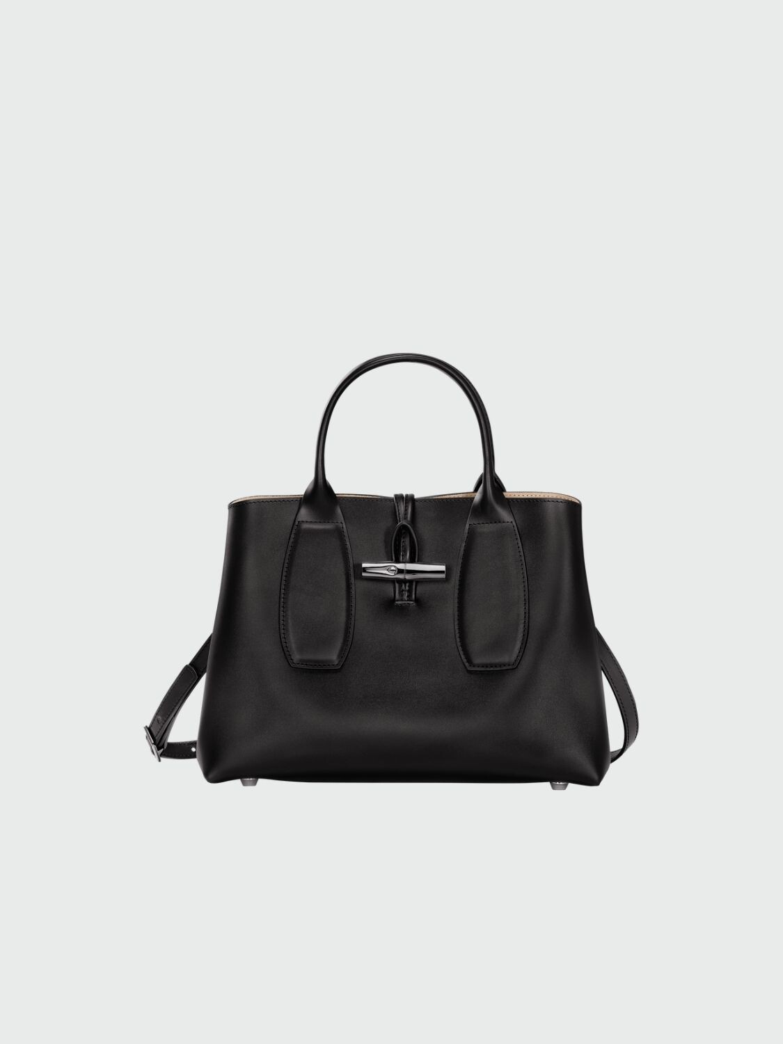 Longchamp -Cartera de cuero M con correa extraible, LE ROSEAU Negro