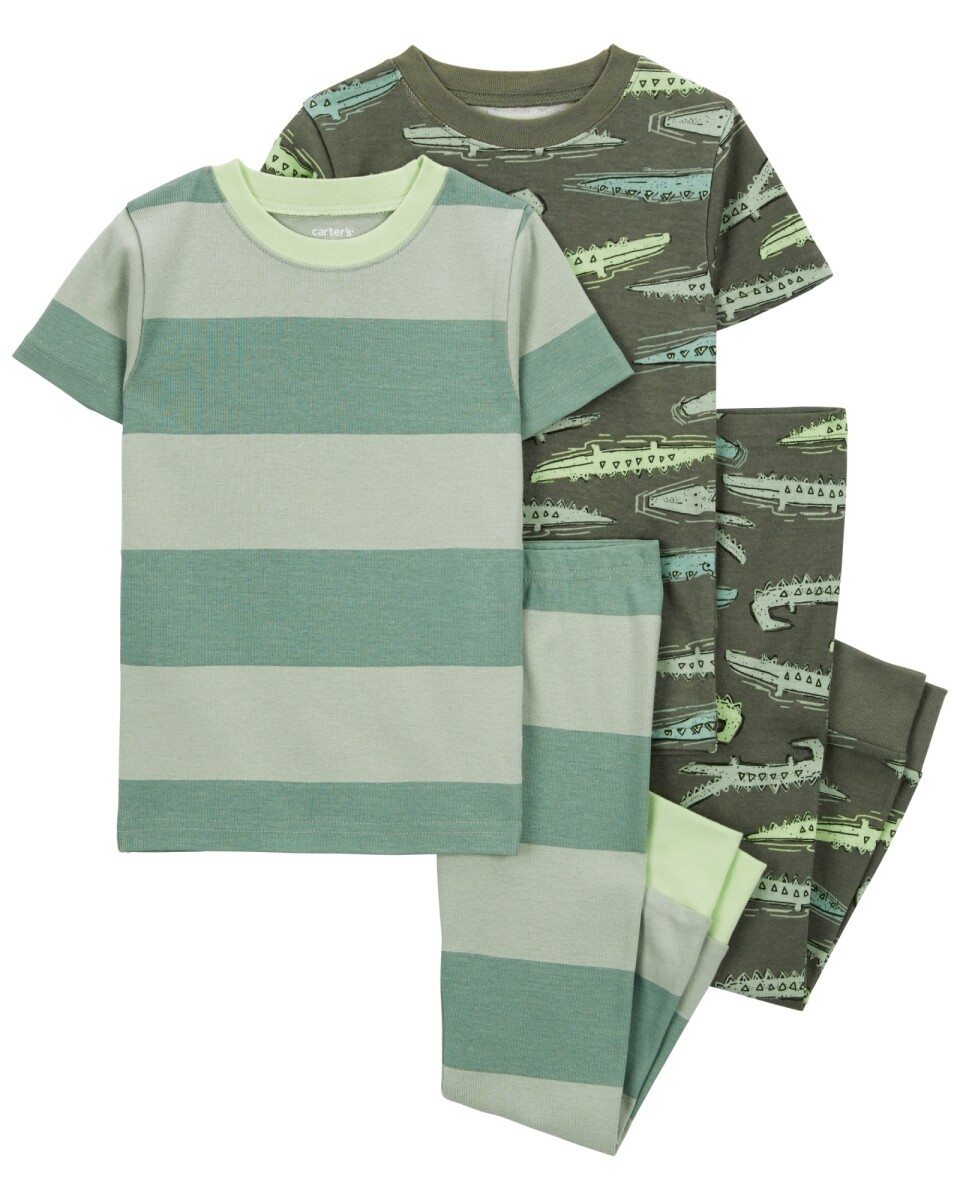 Pijama cuatro piezas de algodón, dos pantalones y dos remeras, diseño cocodrilos. Talles 2-5T 