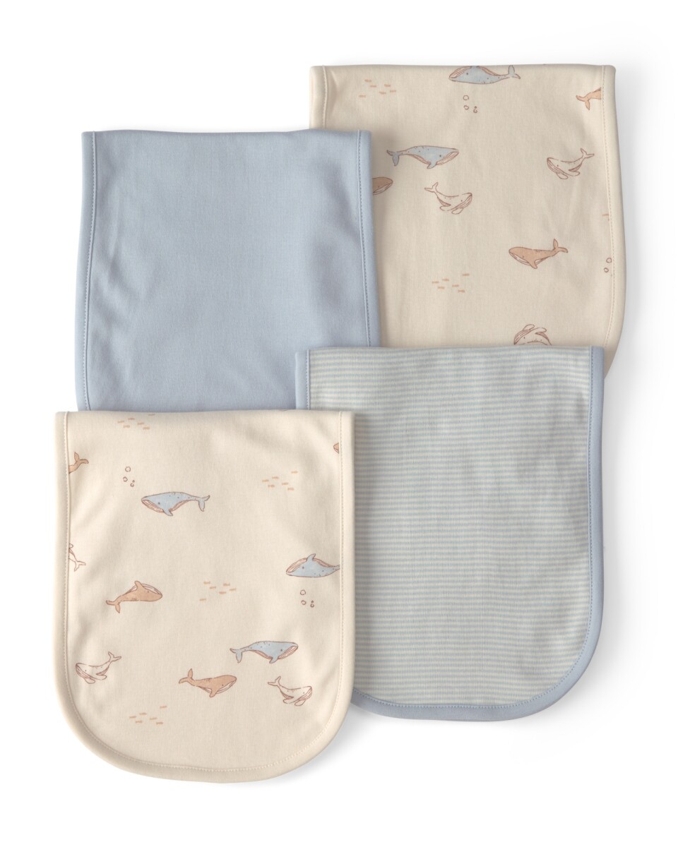 Pack cuatro babitas de algodón, azul y crema, diseño ballenas 