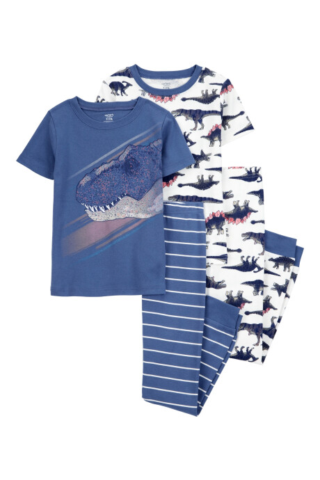 Pijama cuatro piezas de algodón, dos pantalones y dos remeras, tonos azules y blanco, diseño dinos Sin color